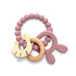 Anneau de dentition silicone + hêtre + lapin - Rose