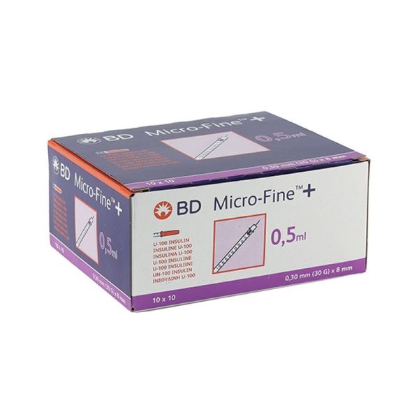 Micro-Fine+ Seringue à Insuline 0,5ml Aiguille 8mm - 100 seringues