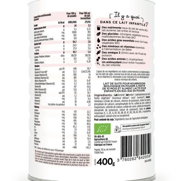 Popote Lait Infantile Croissance Bio 400G