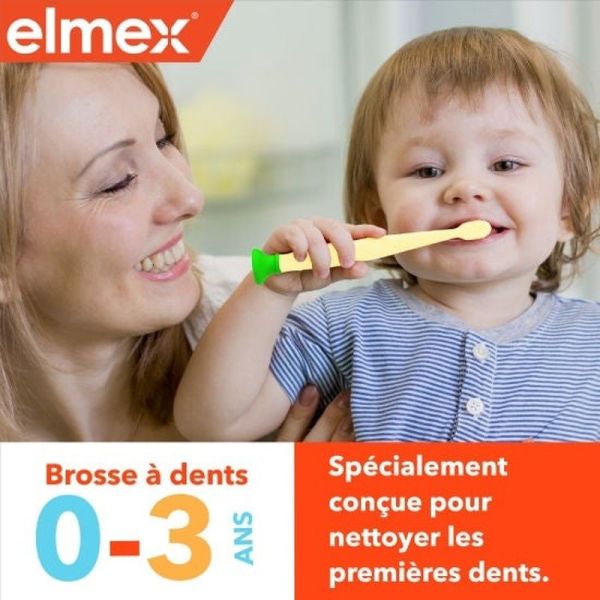 Brosse à dents souple débutant 0-3 ans + mini-dentifrice anti-caries