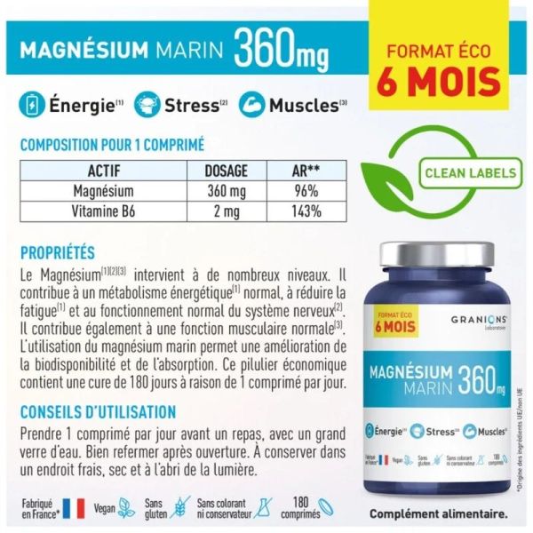 Magnésium Marin format éco 6 mois - 180 comprimés
