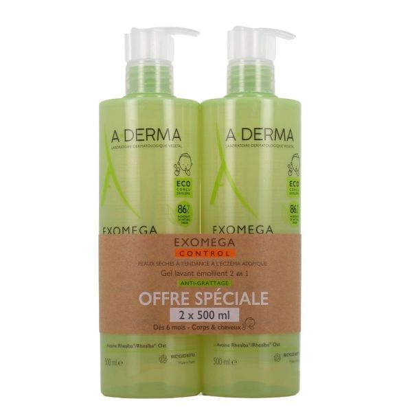 Gel Lavant Émollient 2 en 1 Anti-Grattage Exomega Control - Lot de 2 - 2 x 500 ml