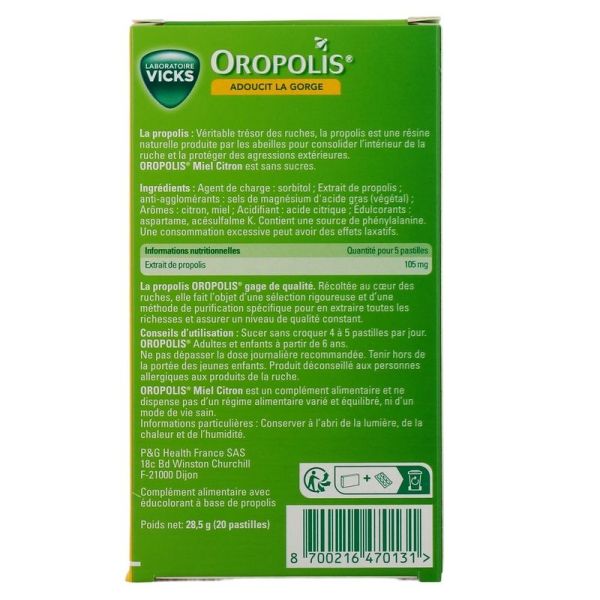 Oropolis Pastilles Adoucissantes Miel Citron - 20 pastilles