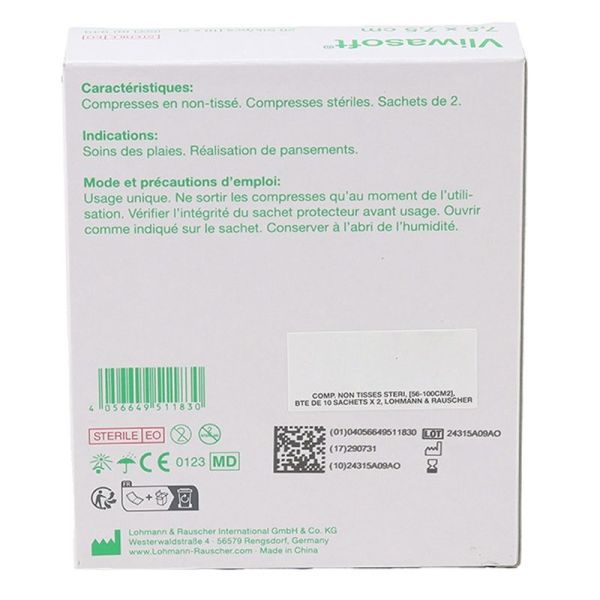 Compresses non tissées stériles Vliwasoft - 7,5 x 7,5 cm, 10 sachets de 2