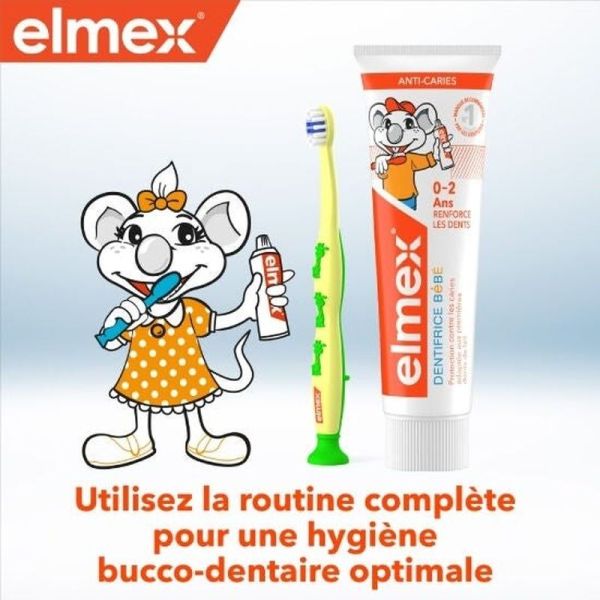 Brosse à dents souple débutant 0-3 ans + mini-dentifrice anti-caries