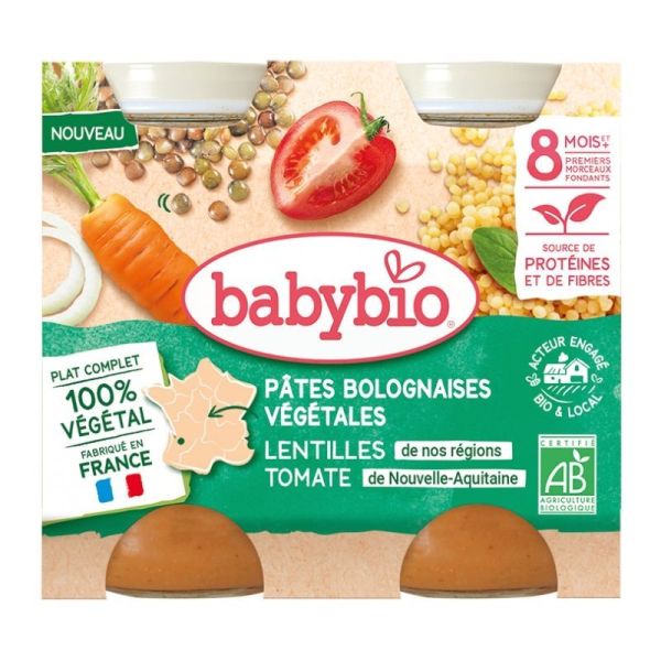 Babybio pâtes bolognaises végétales lentilles tomate 8 Mois+ Bio 2 x200g