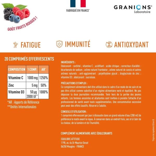 Vitamine C 1000 mg + Vitamine D3 + Zinc Effervescent - 20 comprimes