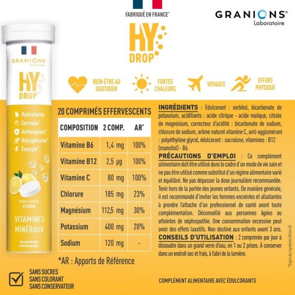 HYDROP - Hydratation Électrolytes Citron - 20 comprimés effervescents