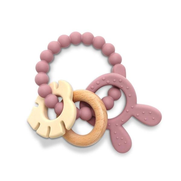 Anneau de dentition silicone + hêtre + lapin - Rose