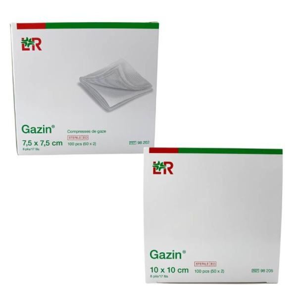 Gazin Compresses de Gaze Stériles - 10 x 10 cm, 50 sachets de 2