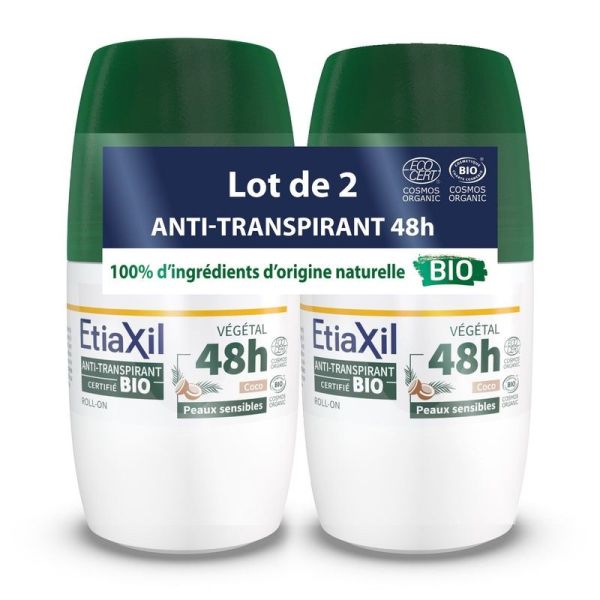Déodorant Anti-transpirant Végétal 48h Roll-On Bio Senteur Coco - 2 x 50 ml