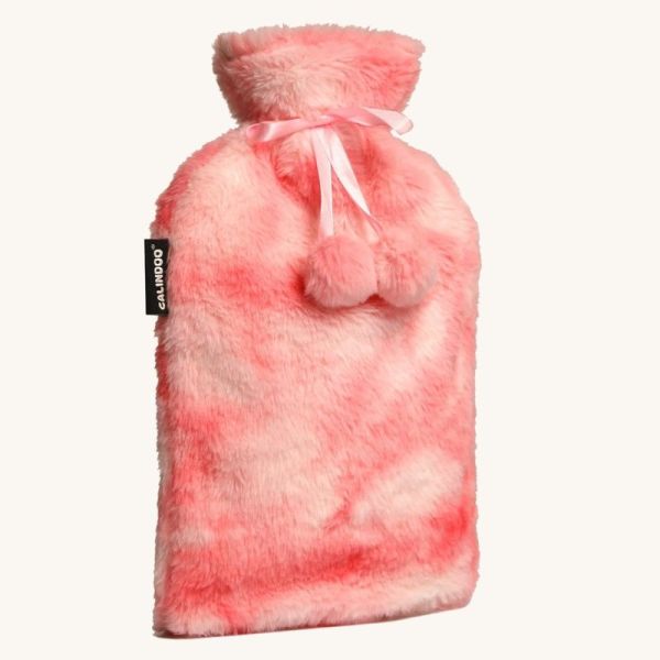 CALINDOO - Bouillotte à eau avec housse à pompons roses 2 L