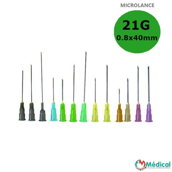 Aiguille hypodermique 21G 0,80 x 40 mm Verte Microlance 3 - 100 unités