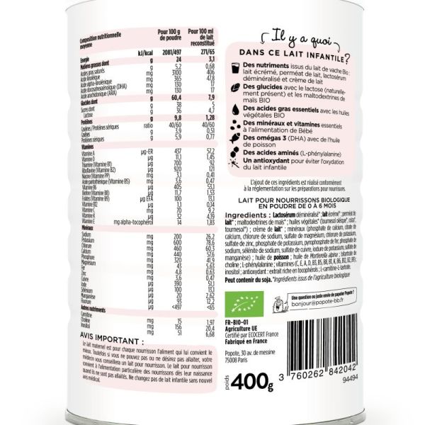 Popote Lait Infantile 1Er Age Bio 400G
