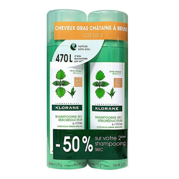 Klorane Shampoing sec ortie cheveux châtains/bruns 2x150ml