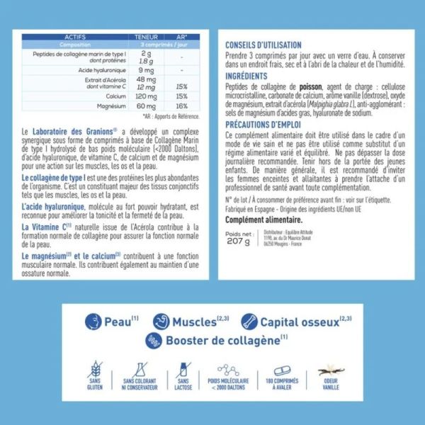 Collagène marin, Acide Hyaluronique, Calcium & Magnésium format éco 2 mois - 180 comprimés