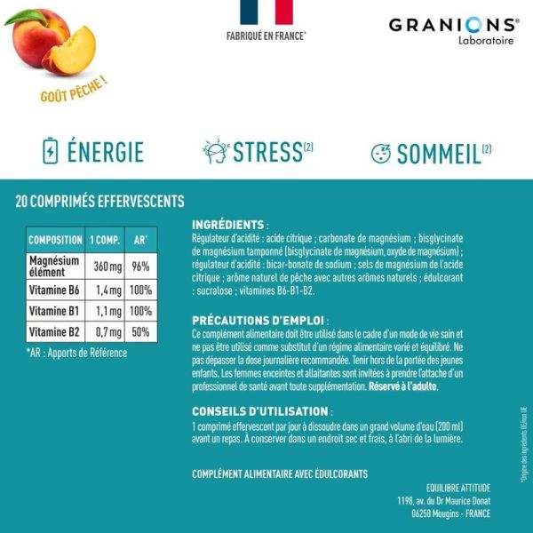 Magnésium Bisglycinate Effervescent - Goût pêche - 20 comprimés