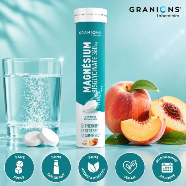 Magnésium Bisglycinate Effervescent - Goût pêche - 20 comprimés