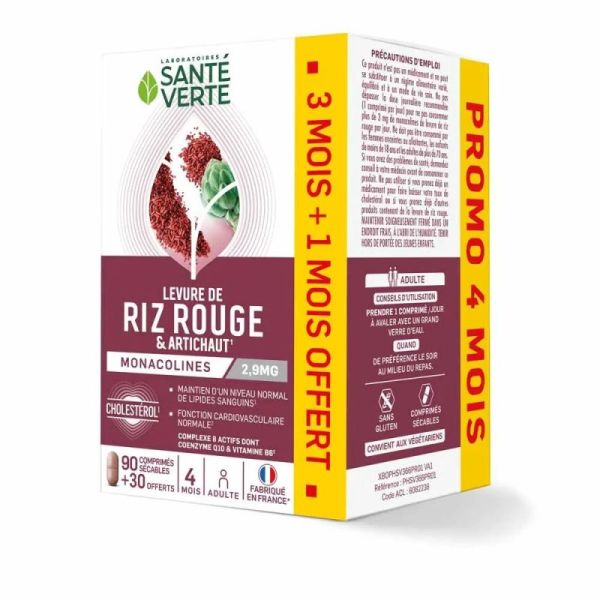 Santé Verte levure de riz rouge et Artichaut 90+30 Comprimés