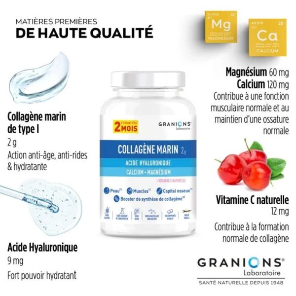 Collagène marin, Acide Hyaluronique, Calcium & Magnésium format éco 2 mois - 180 comprimés