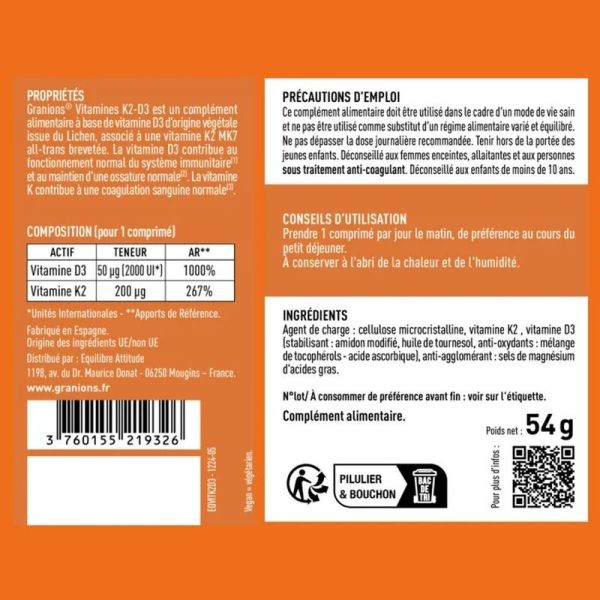 Vitamines K2-D3 - 60 comprimés