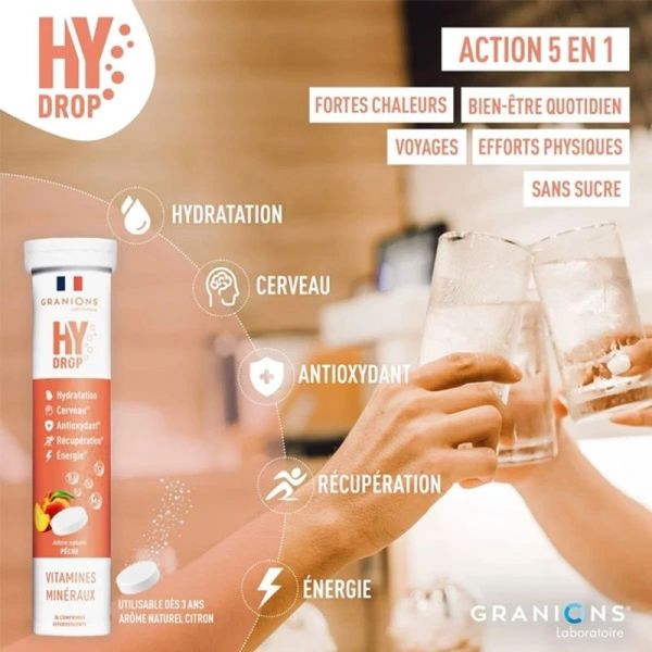 HYDROP Hydratation Électrolytes Pêche - 20 comprimés effervescents