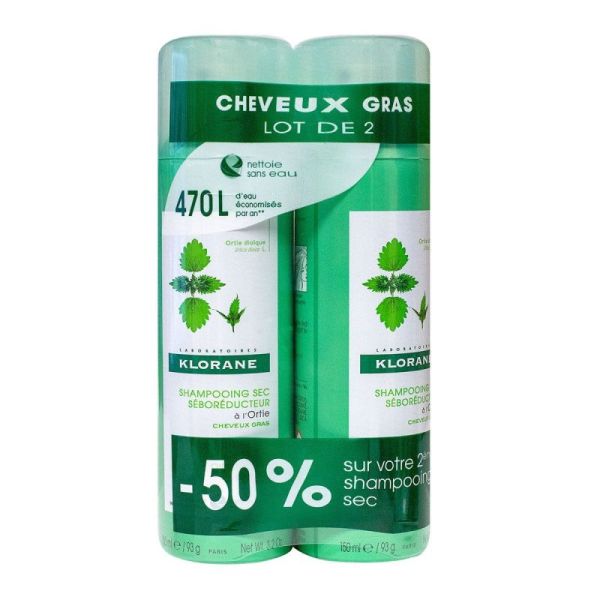 Klorane Shampoing sec séborégulateur cheveux gras 2x150ml