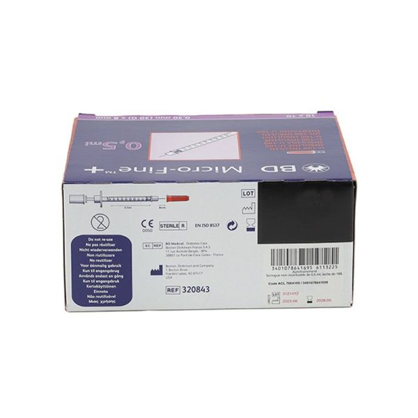 Micro-Fine+ Seringue à Insuline 0,5ml Aiguille 8mm - 100 seringues