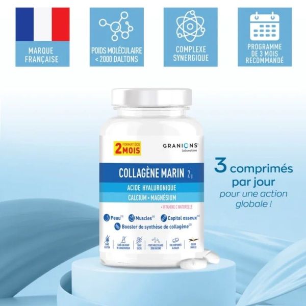 Collagène marin, Acide Hyaluronique, Calcium & Magnésium format éco 2 mois - 180 comprimés
