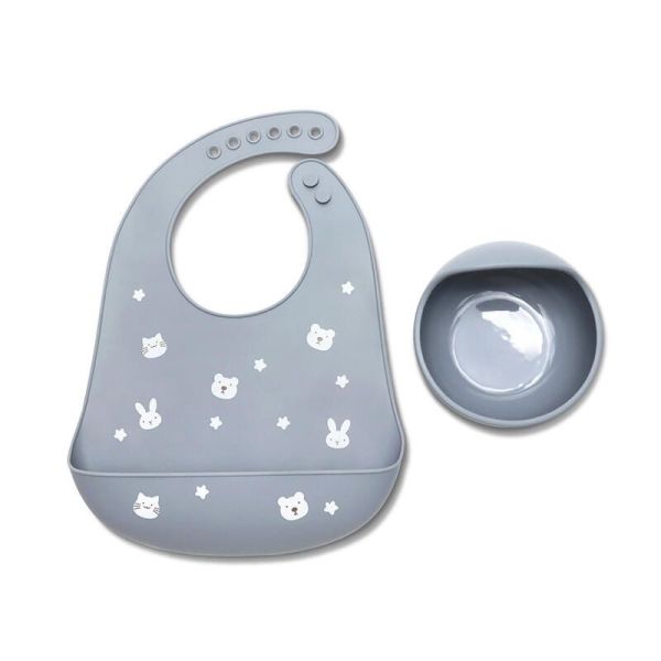 Set 2 Pcs Bavoir + B.assiette Rebord - Gris - Lot de 2