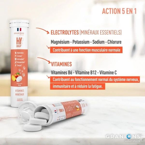HYDROP Hydratation Électrolytes Pêche - 20 comprimés effervescents