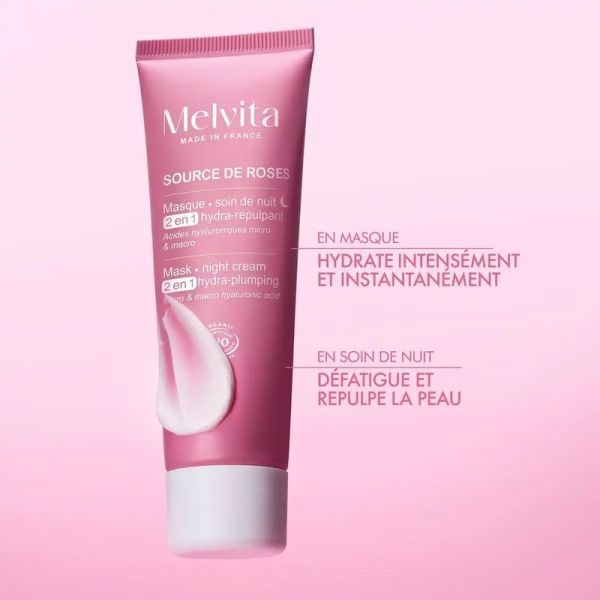 Masque Soin de Nuit 2-en-1 Hydra-Repulpant Bio Source de Roses - 50 ml