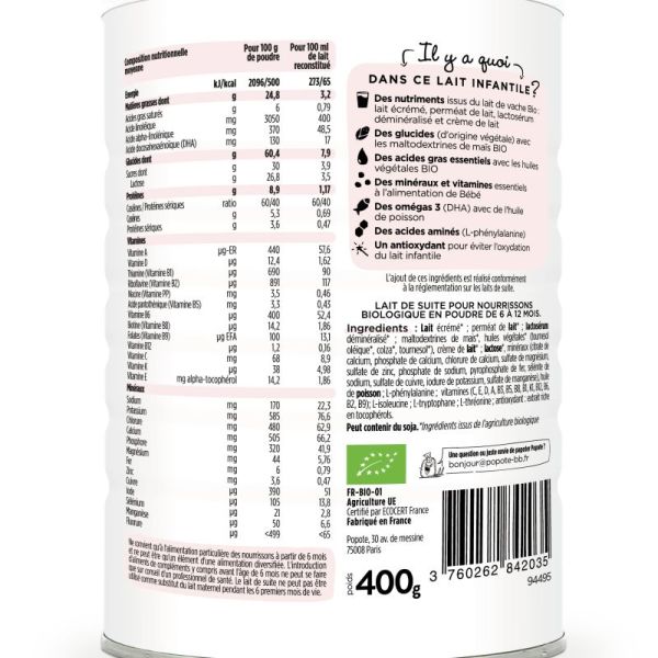 Popote Lait Infantile 2Eme Age Bio 400G