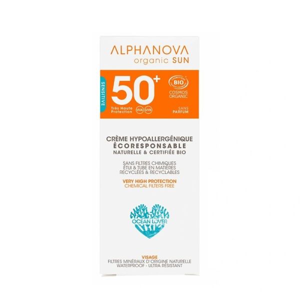 Crème solaire certifiée bio hypoallergénique visage SPF 50+ SUN - 50 g