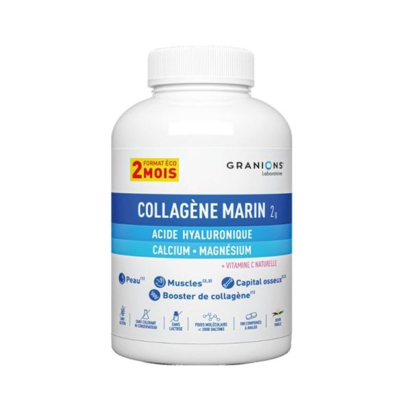 Collagène marin, Acide Hyaluronique, Calcium & Magnésium format éco 2 mois - 180 comprimés